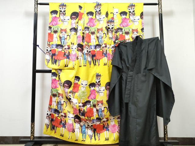平和屋着物∵女の子　十三参り　子供　祝着・長襦袢(単衣)・髪飾りセット　猫　ねこ　逸品　DABG3277ma