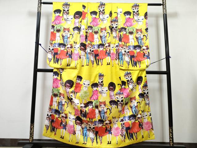 平和屋着物∵女の子　十三参り　子供　祝着・長襦袢(単衣)・髪飾りセット　猫　ねこ　逸品　DABG3277ma