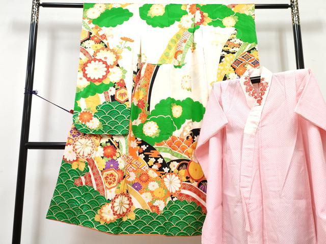 平和屋着物[]七五三　女の子　７歳　祝着　四つ身　長襦袢(無双仕立て・半衿刺繍)セット　駒刺繍　青海波花文　金彩　逸品　DABG3278ma