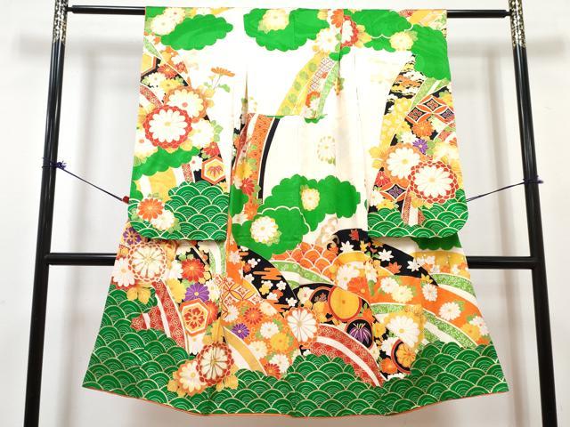 平和屋着物[]七五三　女の子　７歳　祝着　四つ身　長襦袢(無双仕立て・半衿刺繍)セット　駒刺繍　青海波花文　金彩　逸品　DABG3278ma