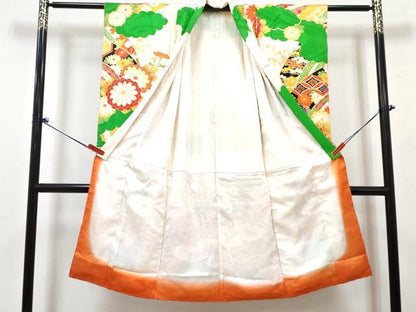 平和屋着物[]七五三　女の子　７歳　祝着　四つ身　長襦袢(無双仕立て・半衿刺繍)セット　駒刺繍　青海波花文　金彩　逸品　DABG3278ma