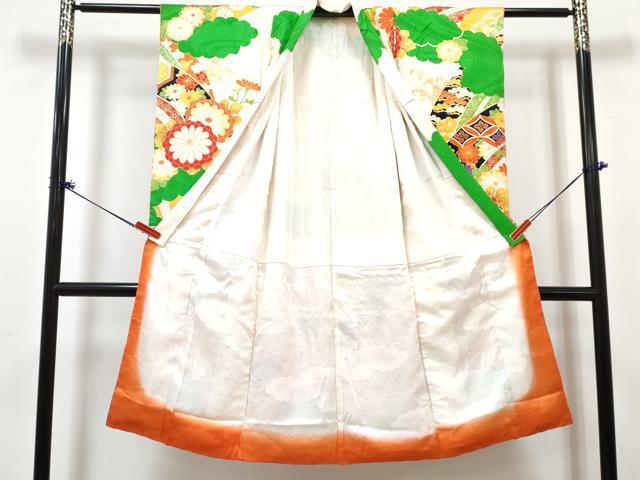 平和屋着物[]七五三　女の子　７歳　祝着　四つ身　長襦袢(無双仕立て・半衿刺繍)セット　駒刺繍　青海波花文　金彩　逸品　DABG3278ma