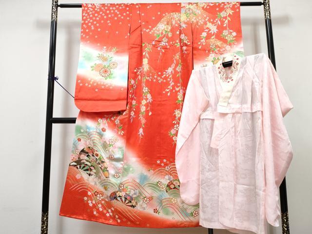 平和屋着物∵女の子　十三参り　子供　祝着・長襦袢(無双仕立て)セット　駒刺繍　片輪車鴛鴦花文　暈し染め　金銀彩　逸品　DABG3279ma