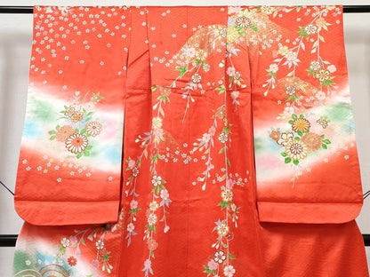 平和屋着物∵女の子　十三参り　子供　祝着・長襦袢(無双仕立て)セット　駒刺繍　片輪車鴛鴦花文　暈し染め　金銀彩　逸品　DABG3279ma