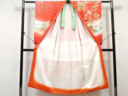 平和屋着物∵女の子　十三参り　子供　祝着・長襦袢(無双仕立て)セット　駒刺繍　片輪車鴛鴦花文　暈し染め　金銀彩　逸品　DABG3279ma