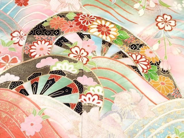 平和屋着物∵女の子　十三参り　子供　祝着・長襦袢(無双仕立て)セット　駒刺繍　片輪車鴛鴦花文　暈し染め　金銀彩　逸品　DABG3279ma