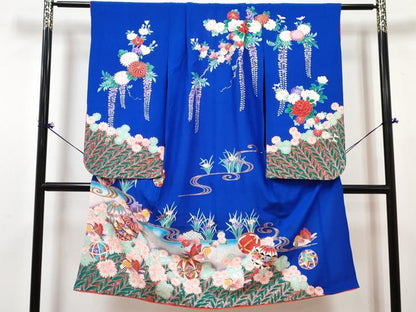 平和屋着物[]七五三 女の子 ７歳 祝着 四つ身 長襦袢(単衣・半衿刺繍)セット 鴛鴦鞠花文 金銀彩 逸品 DABG3281ma