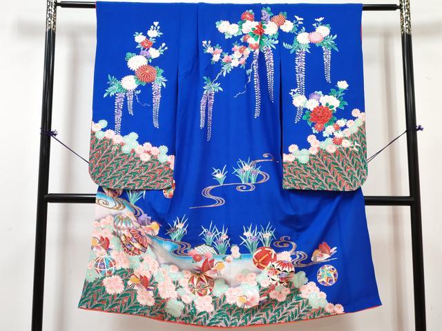 平和屋着物[]七五三 女の子 ７歳 祝着 四つ身 長襦袢(単衣・半衿刺繍)セット 鴛鴦鞠花文 金銀彩 逸品 DABG3281ma