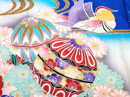 平和屋着物[]七五三 女の子 ７歳 祝着 四つ身 長襦袢(単衣・半衿刺繍)セット 鴛鴦鞠花文 金銀彩 逸品 DABG3281ma