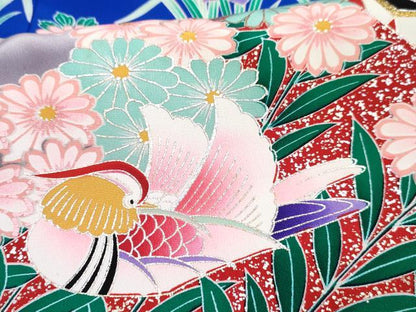 平和屋着物[]七五三 女の子 ７歳 祝着 四つ身 長襦袢(単衣・半衿刺繍)セット 鴛鴦鞠花文 金銀彩 逸品 DABG3281ma