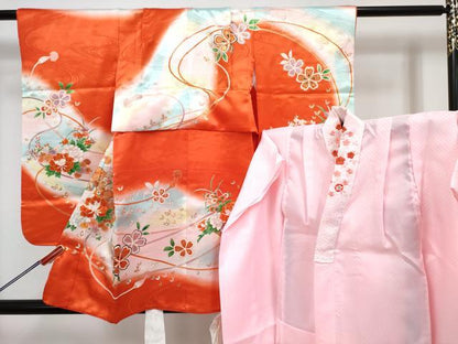 平和屋着物[]七五三 女の子 ３歳 祝着 三つ身 長襦袢(無双仕立て・半衿刺繍)セット 花文箱 暈し染め 金彩 DABG3283ma