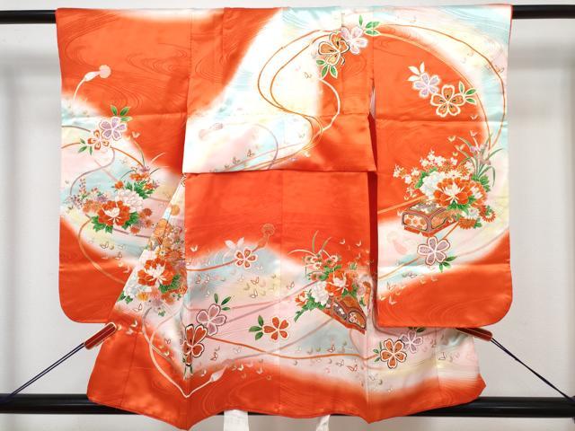 平和屋着物[]七五三 女の子 ３歳 祝着 三つ身 長襦袢(無双仕立て・半衿刺繍)セット 花文箱 暈し染め 金彩 DABG3283ma