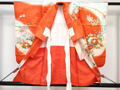 平和屋着物[]七五三 女の子 ３歳 祝着 三つ身 長襦袢(無双仕立て・半衿刺繍)セット 花文箱 暈し染め 金彩 DABG3283ma