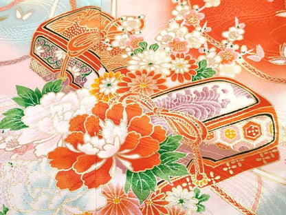 平和屋着物[]七五三 女の子 ３歳 祝着 三つ身 長襦袢(無双仕立て・半衿刺繍)セット 花文箱 暈し染め 金彩 DABG3283ma