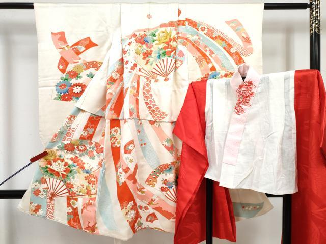 平和屋着物[]七五三 女の子 ３歳 祝着 三つ身 肌襦袢(無双仕立て・半衿刺繍)セット 駒刺繍 扇面飛鶴花文 金彩 逸品 DABG3284ma