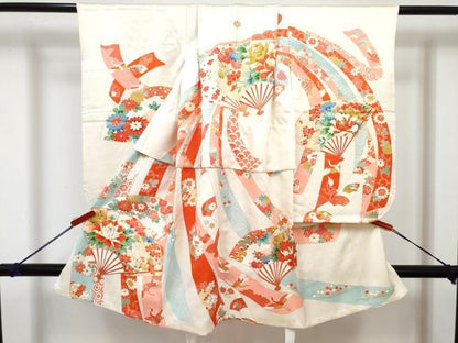平和屋着物[]七五三 女の子 ３歳 祝着 三つ身 肌襦袢(無双仕立て・半衿刺繍)セット 駒刺繍 扇面飛鶴花文 金彩 逸品 DABG3284ma