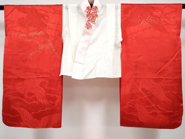 平和屋着物[]七五三 女の子 ３歳 祝着 三つ身 肌襦袢(無双仕立て・半衿刺繍)セット 駒刺繍 扇面飛鶴花文 金彩 逸品 DABG3284ma