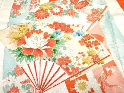 平和屋着物[]七五三 女の子 ３歳 祝着 三つ身 肌襦袢(無双仕立て・半衿刺繍)セット 駒刺繍 扇面飛鶴花文 金彩 逸品 DABG3284ma