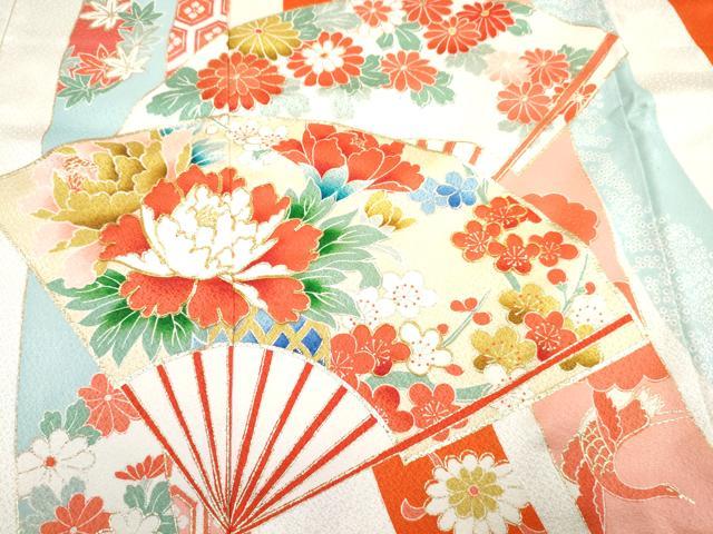 平和屋着物[]七五三 女の子 ３歳 祝着 三つ身 肌襦袢(無双仕立て・半衿刺繍)セット 駒刺繍 扇面飛鶴花文 金彩 逸品 DABG3284ma