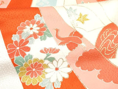 平和屋着物[]七五三 女の子 ３歳 祝着 三つ身 肌襦袢(無双仕立て・半衿刺繍)セット 駒刺繍 扇面飛鶴花文 金彩 逸品 DABG3284ma