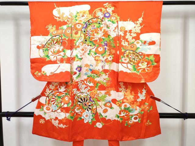 平和屋着物[]七五三 女の子 ３歳 祝着 三つ身 長襦袢(袷)セット 駒刺繍 源氏車花文 金彩 逸品 DABG3288ma