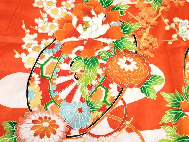 平和屋着物[]七五三 女の子 ３歳 祝着 三つ身 長襦袢(袷)セット 駒刺繍 源氏車花文 金彩 逸品 DABG3288ma