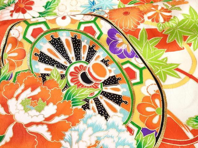 平和屋着物[]七五三 女の子 ３歳 祝着 三つ身 長襦袢(袷)セット 駒刺繍 源氏車花文 金彩 逸品 DABG3288ma