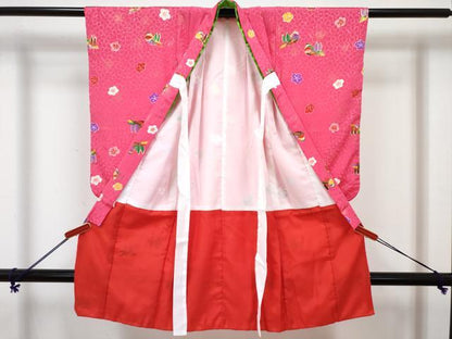 平和屋着物[]七五三 女の子 ３歳 祝着 三つ身 長襦袢(単衣)セット 鴛鴦舞花文 金彩 DABG3289ma