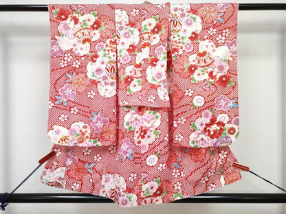 平和屋着物[]七五三 女の子 ３歳 祝着 三つ身 長襦袢(単衣)セット 鞠花文 金彩 DABG3290ma