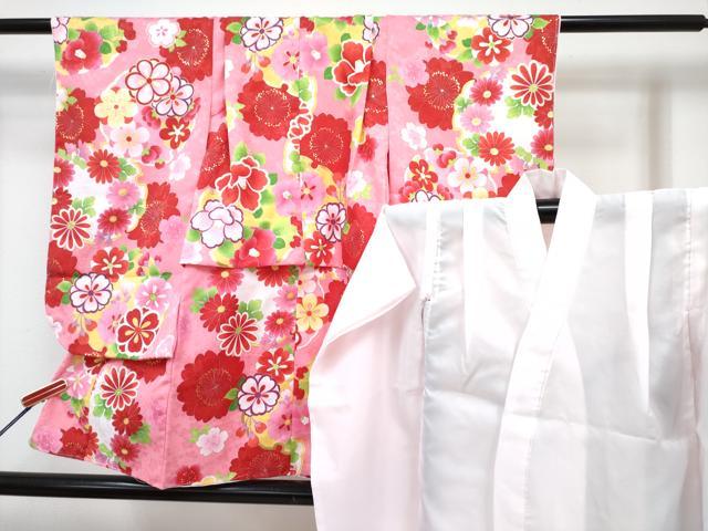 平和屋着物[]七五三　女の子　３歳　祝着　三つ身　長襦袢(単衣)セット　雪輪花文　金彩　未使用　DABG3296ma