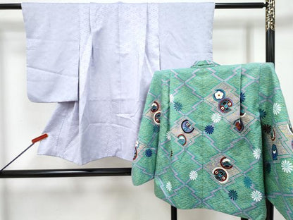 平和屋着物[]七五三　男の子　祝着・羽織セット　白藤色　松皮菱　宝尽くし菊松文　金彩　洗える着物　DABG3297ma