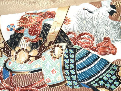 平和屋着物[]七五三　男の子　祝着・羽織・長襦袢(単衣)セット　飴色　龍　兜　飛鶴風景松文　金彩　DABG3306ma