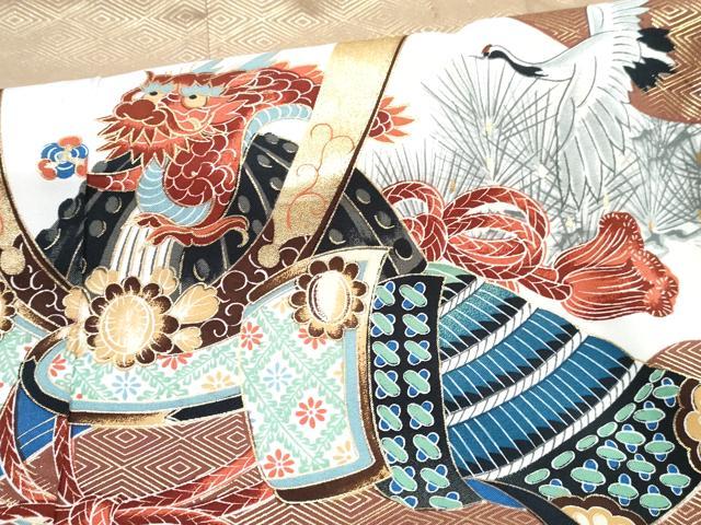 平和屋着物[]七五三　男の子　祝着・羽織・長襦袢(単衣)セット　飴色　龍　兜　飛鶴風景松文　金彩　DABG3306ma