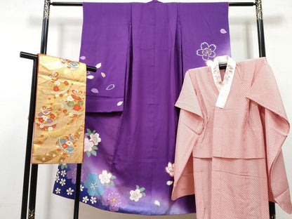 平和屋着物[]七五三　女の子　７歳　祝着　四つ身　長襦袢(無双仕立て)・袋帯セット　駒刺繍　舞花文　暈し染め　金彩　逸品　DABG3307ma