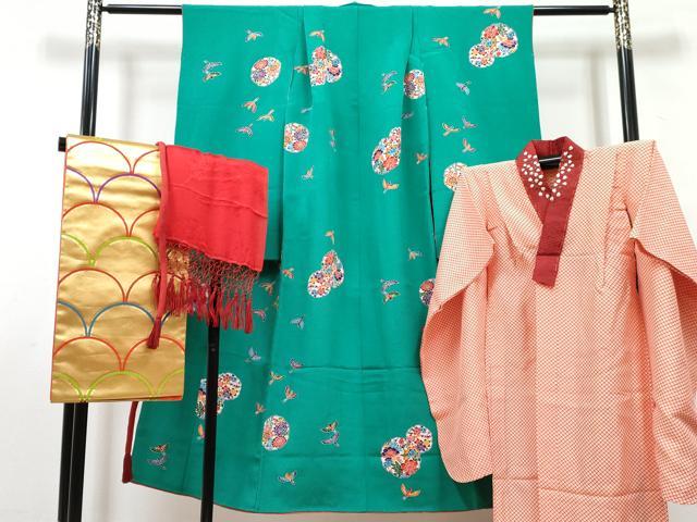 平和屋着物[]七五三　女の子　７歳　祝着　四つ身　襦袢(無双仕立て)・袋帯・小物セット　型染　雪輪花鳥文　鬼しぼ縮緬　逸品　DABG3309ma
