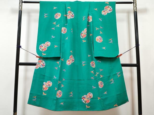 平和屋着物[]七五三　女の子　７歳　祝着　四つ身　襦袢(無双仕立て)・袋帯・小物セット　型染　雪輪花鳥文　鬼しぼ縮緬　逸品　DABG3309ma