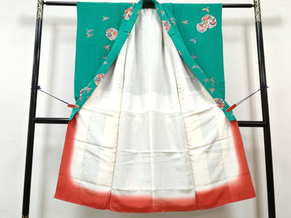 平和屋着物[]七五三　女の子　７歳　祝着　四つ身　襦袢(無双仕立て)・袋帯・小物セット　型染　雪輪花鳥文　鬼しぼ縮緬　逸品　DABG3309ma