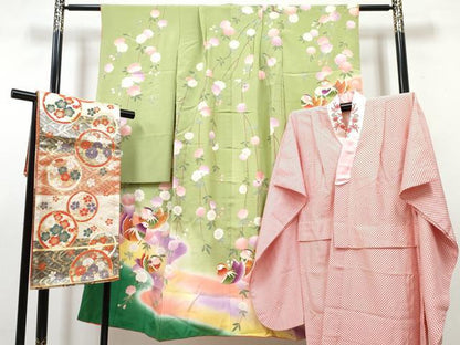 平和屋着物[]七五三　女の子　７歳　祝着　四つ身　長襦袢(袷・半衿刺繍)・袋帯セット　鴛鴦花文　暈し染め　金彩　逸品　DABG3310ma