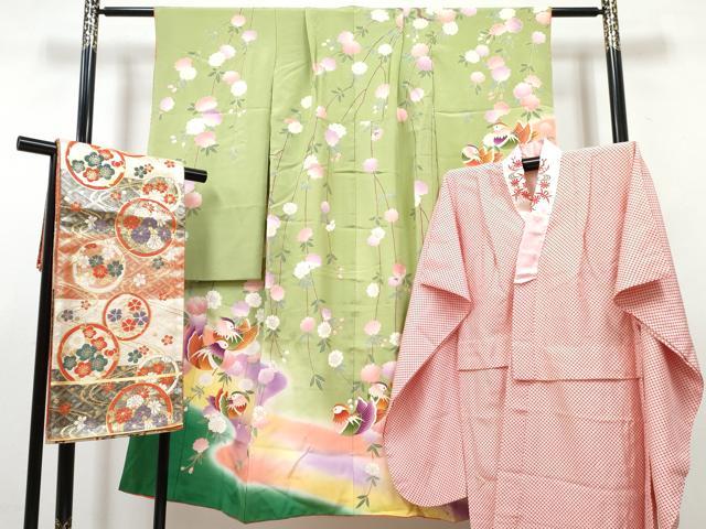 平和屋着物[]七五三　女の子　７歳　祝着　四つ身　長襦袢(袷・半衿刺繍)・袋帯セット　鴛鴦花文　暈し染め　金彩　逸品　DABG3310ma
