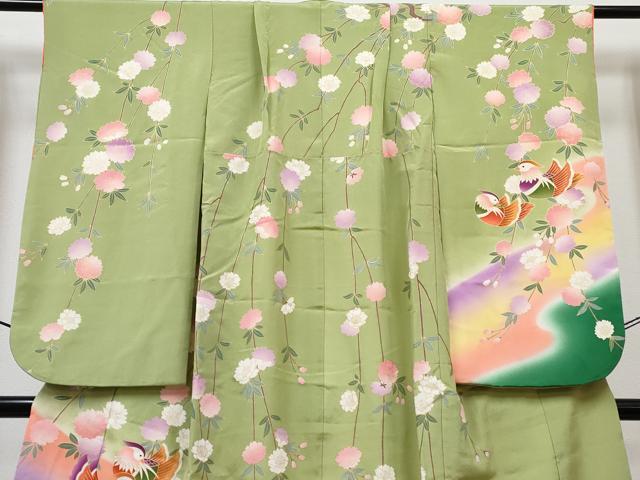 平和屋着物[]七五三　女の子　７歳　祝着　四つ身　長襦袢(袷・半衿刺繍)・袋帯セット　鴛鴦花文　暈し染め　金彩　逸品　DABG3310ma