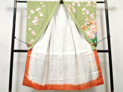 平和屋着物[]七五三　女の子　７歳　祝着　四つ身　長襦袢(袷・半衿刺繍)・袋帯セット　鴛鴦花文　暈し染め　金彩　逸品　DABG3310ma