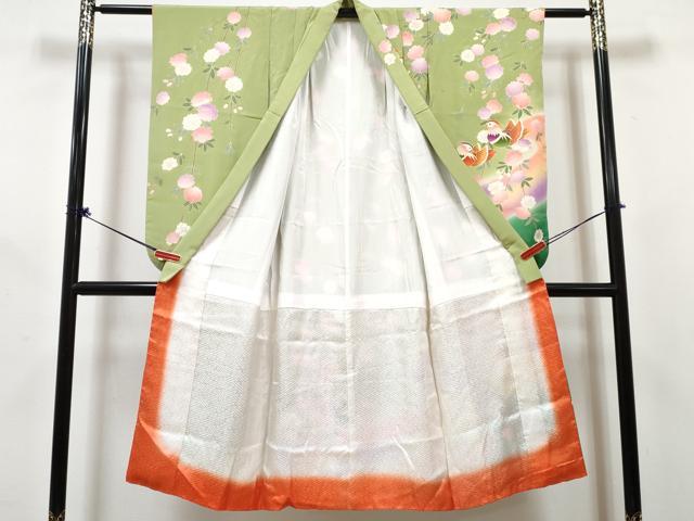 平和屋着物[]七五三　女の子　７歳　祝着　四つ身　長襦袢(袷・半衿刺繍)・袋帯セット　鴛鴦花文　暈し染め　金彩　逸品　DABG3310ma
