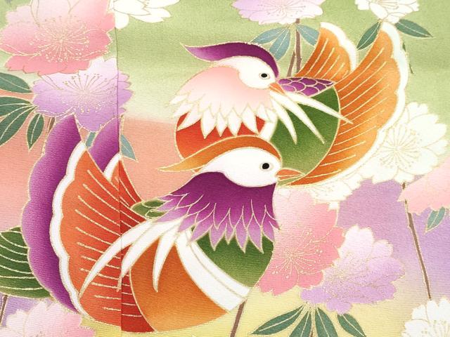 平和屋着物[]七五三　女の子　７歳　祝着　四つ身　長襦袢(袷・半衿刺繍)・袋帯セット　鴛鴦花文　暈し染め　金彩　逸品　DABG3310ma