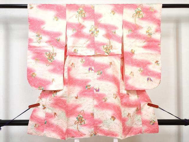 平和屋着物[]七五三　女の子　３歳　祝着　三つ身　長襦袢(単衣)・被布セット　折り鶴花丸文　暈し染め　金彩　洗える着物　DABG3314ma