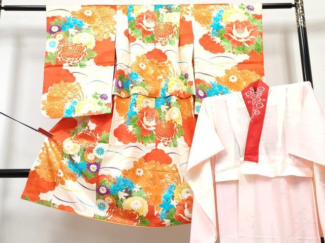 平和屋着物[]七五三　女の子　３歳　祝着　三つ身　長襦袢(無双仕立て・半衿刺繍)セット　芝花文　金彩　逸品　DABG3318ma