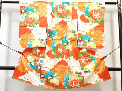 平和屋着物[]七五三　女の子　３歳　祝着　三つ身　長襦袢(無双仕立て・半衿刺繍)セット　芝花文　金彩　逸品　DABG3318ma