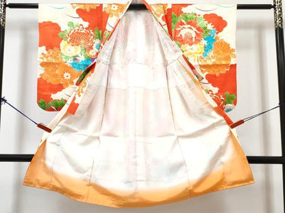 平和屋着物[]七五三　女の子　３歳　祝着　三つ身　長襦袢(無双仕立て・半衿刺繍)セット　芝花文　金彩　逸品　DABG3318ma