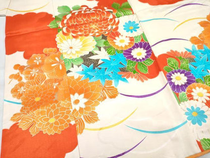平和屋着物[]七五三　女の子　３歳　祝着　三つ身　長襦袢(無双仕立て・半衿刺繍)セット　芝花文　金彩　逸品　DABG3318ma
