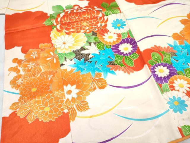 平和屋着物[]七五三　女の子　３歳　祝着　三つ身　長襦袢(無双仕立て・半衿刺繍)セット　芝花文　金彩　逸品　DABG3318ma