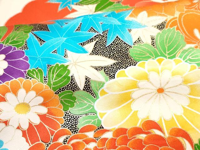 平和屋着物[]七五三　女の子　３歳　祝着　三つ身　長襦袢(無双仕立て・半衿刺繍)セット　芝花文　金彩　逸品　DABG3318ma